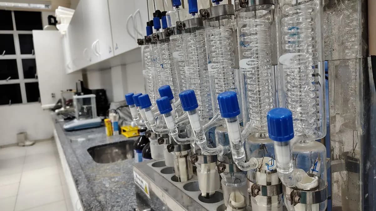 Laboratory extraction glassware and condensers on a lab bench
