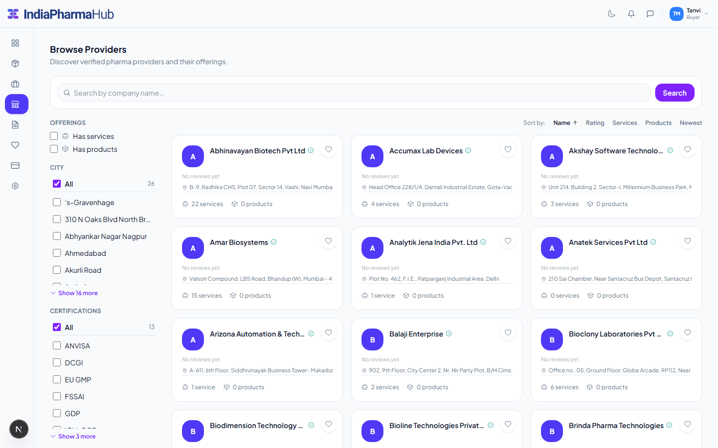 Buyer browsing verified pharma providers with filters