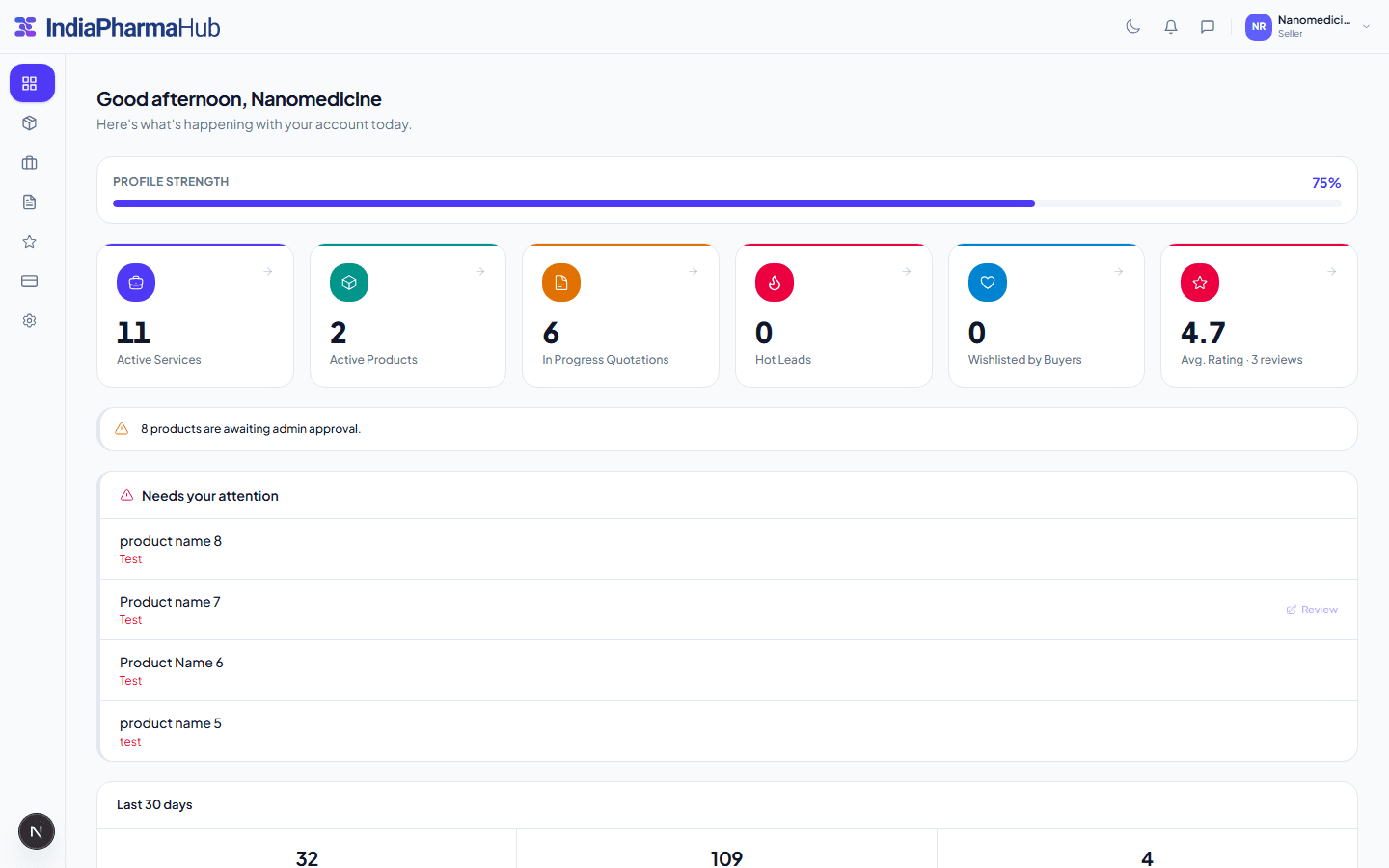 Seller dashboard showing active services, products, and quotation stats