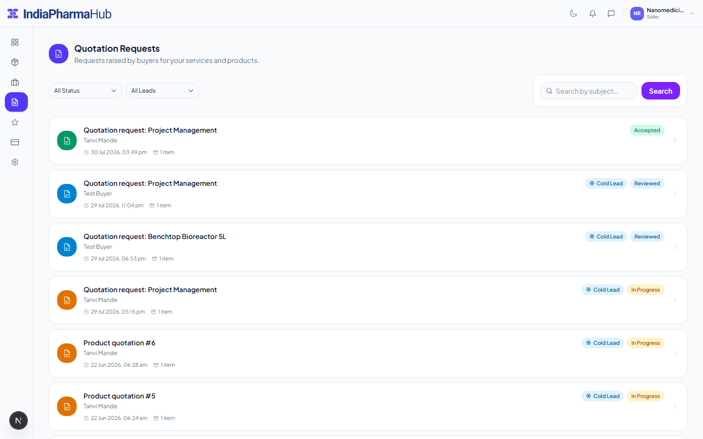 Seller quotation requests list with statuses like Accepted and In Progress